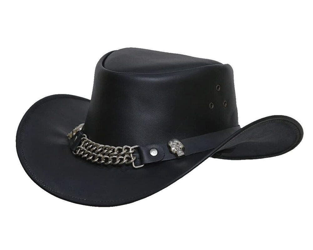 3760 Cowboy Western Cow Hide Top Grain Leather Handcrafted Skull Top Hat